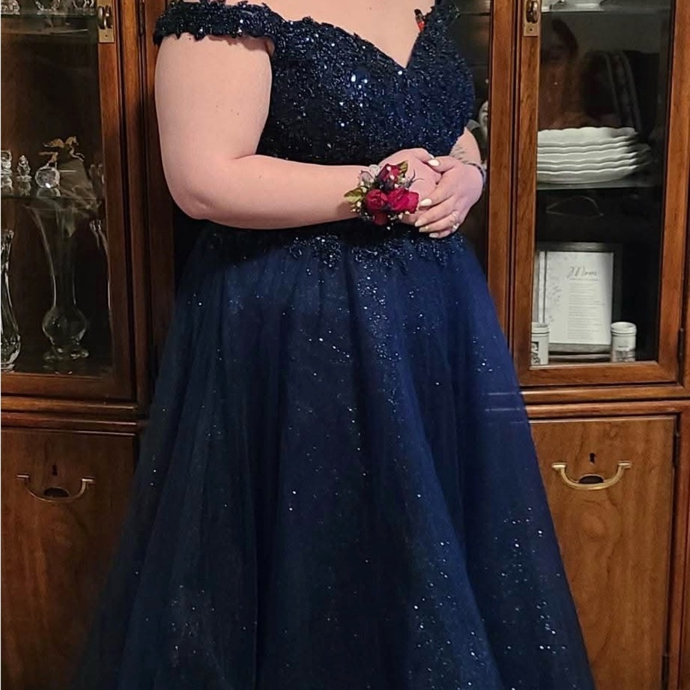 Elegant Navy Blue Off-Shoulder Gown